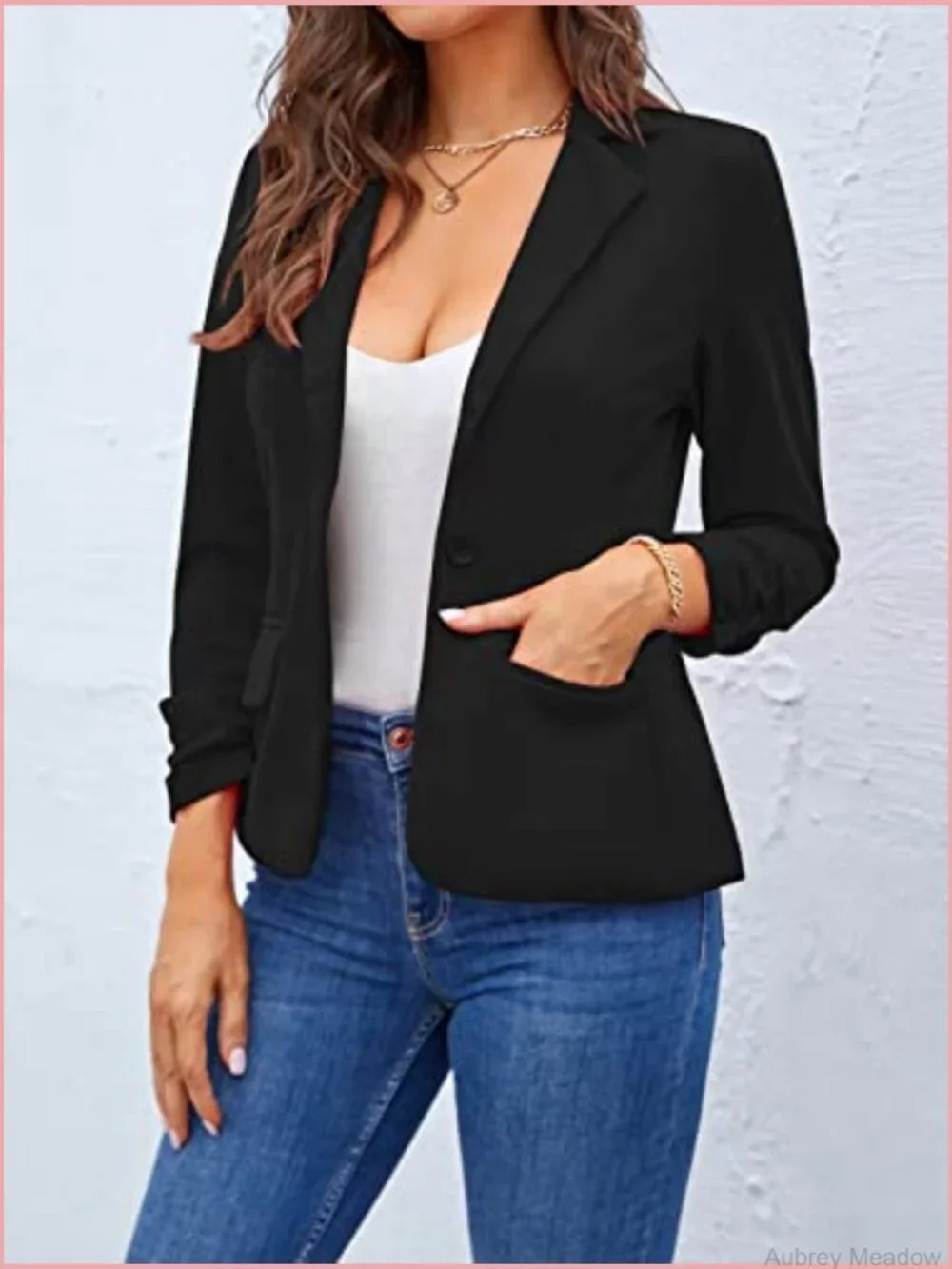 3/4 Sleeve Blazer One Button Office Work Blazer with Pockets Women's Suit Jacket